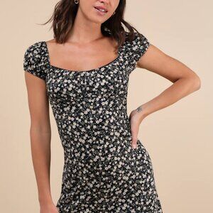 Lulus Blossoming Charm Black Floral Print Puff Sleeve Mini Dress - Size L